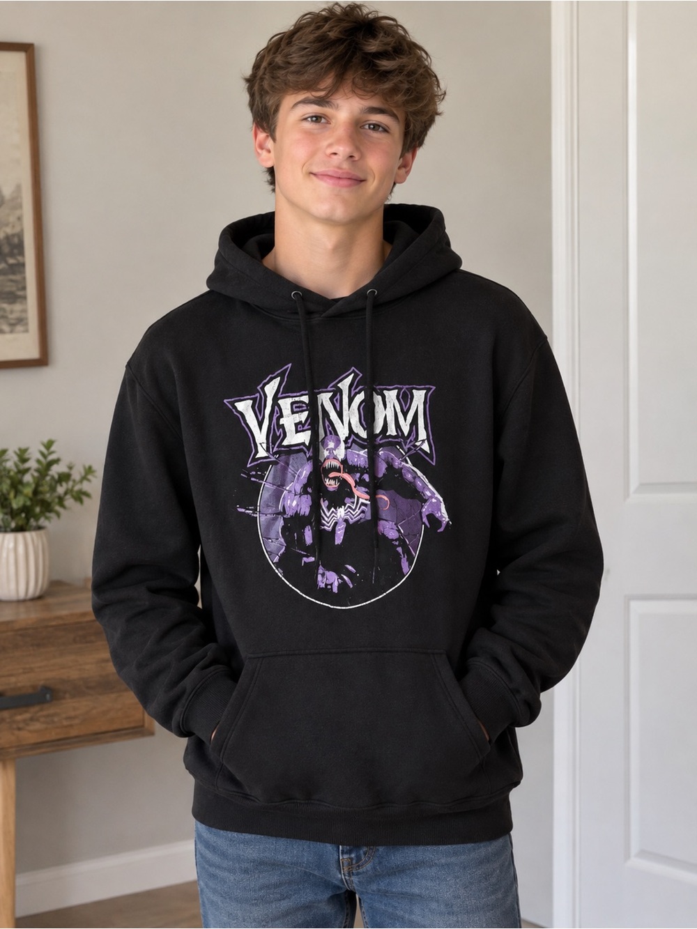 Marvel Venom Graphic Black Hoodie with Purple Accents